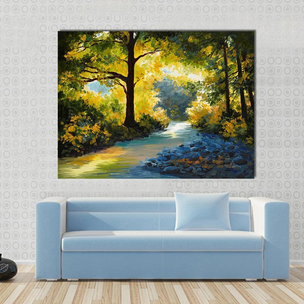 Summer Forest Meadow With Violets Yellow Trees Canvas Wall Art-1 Piece-Gallery Wrap-48" x 32"-Tiaracle