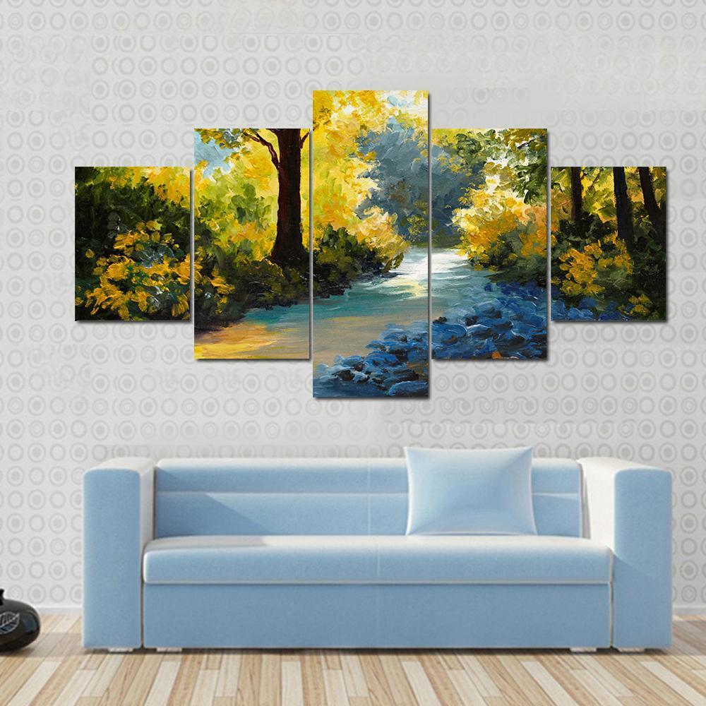 Summer Forest Meadow With Violets Yellow Trees Canvas Wall Art-1 Piece-Gallery Wrap-48" x 32"-Tiaracle