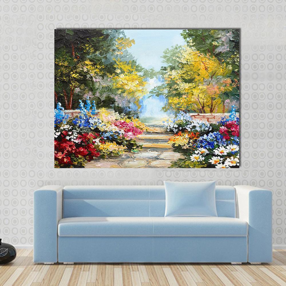 Summer Forest with Flowers Canvas Wall Art in yellow, green and multicolor, single panel hung on a wall