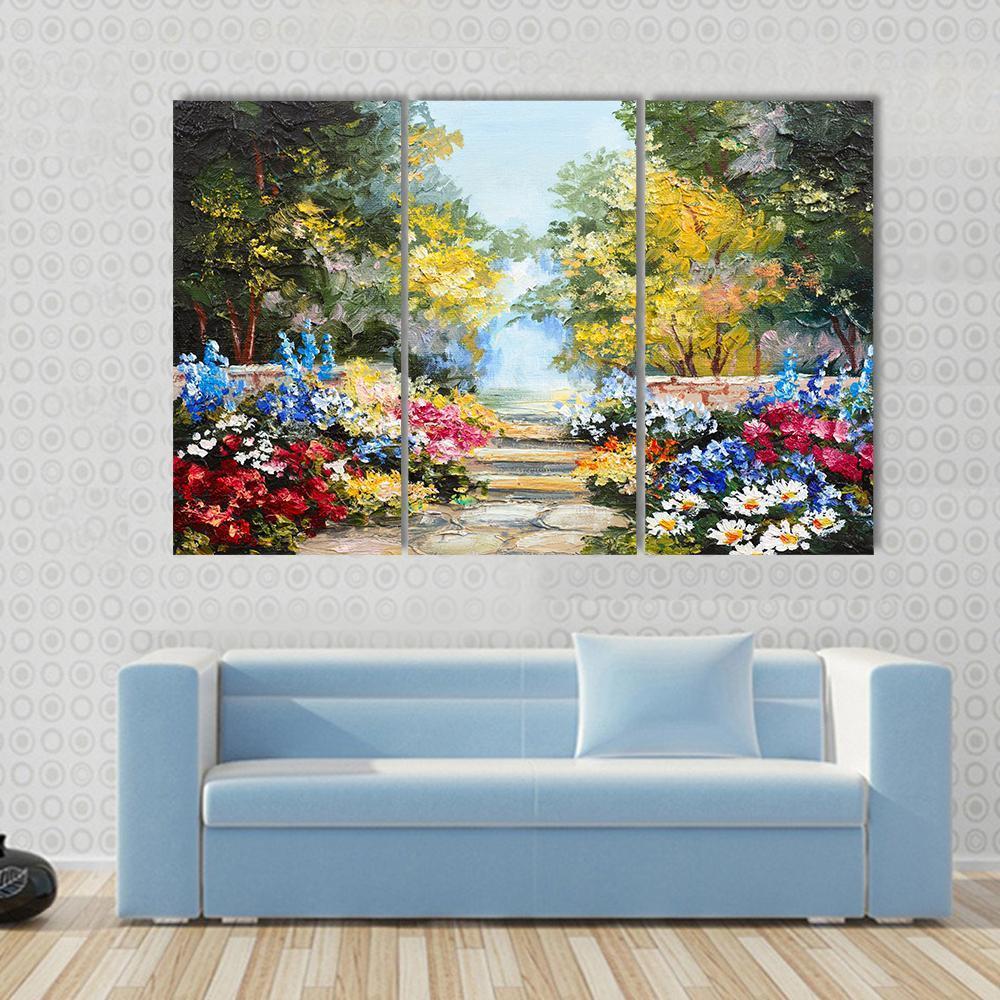 Summer Forest With Flowers Canvas Wall Art-3 Horizontal-Gallery Wrap-37" x 24"-Tiaracle