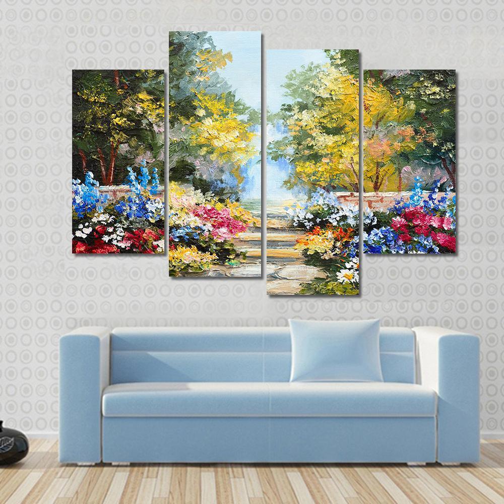 Summer Forest With Flowers Canvas Wall Art-3 Horizontal-Gallery Wrap-37" x 24"-Tiaracle