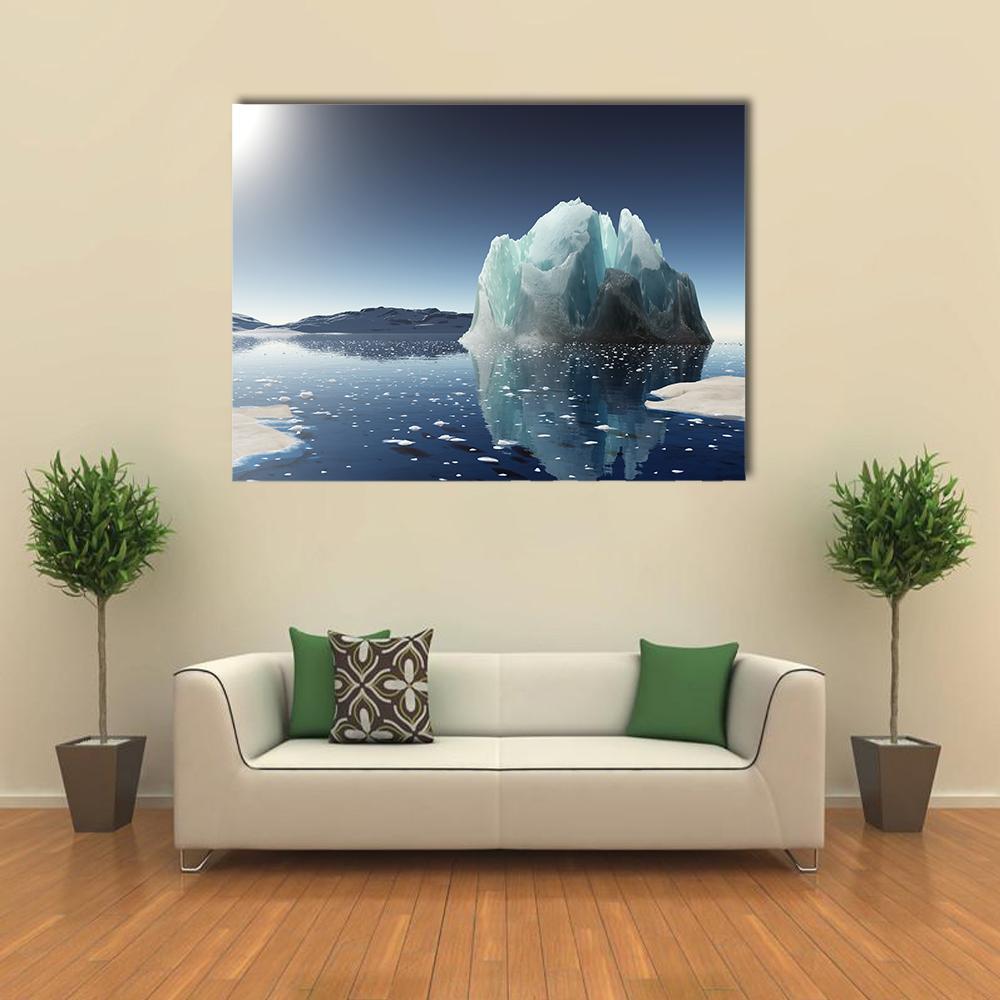 Sunlit Antarctic Iceberg Landscape Canvas Wall Art in white and blue, single panel hung on a wall