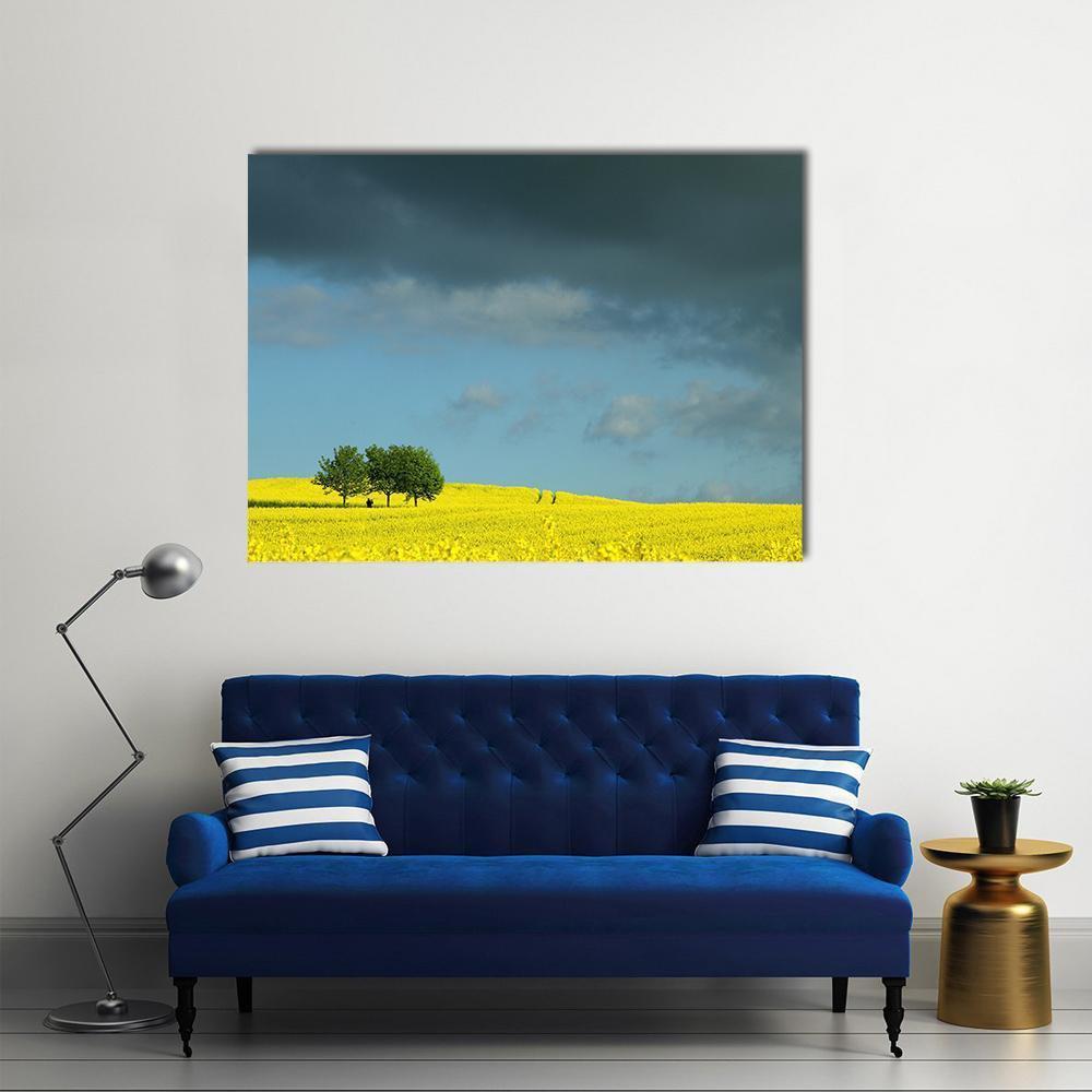 Summer Canola Field in Denmark Canvas Wall Art in gray, yellow and blue, single panel hung on a wall