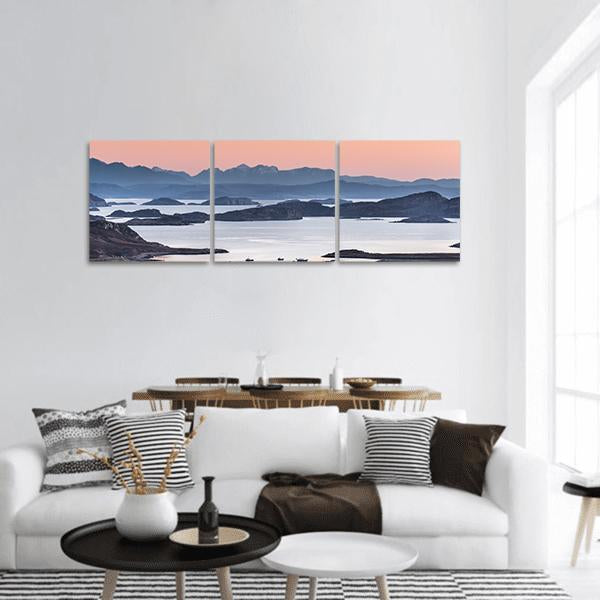 Summer Isles in Scotland Panoramic Canvas Wall Art in gray, blue and pink, hung on a wall