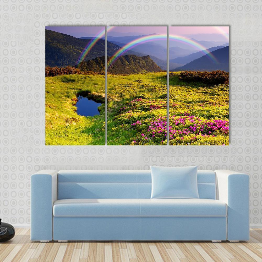 Summer Landscape In Mountains With Flowers A Rainbow And Lake Canvas Wall Art-3 Horizontal-Gallery Wrap-37" x 24"-Tiaracle