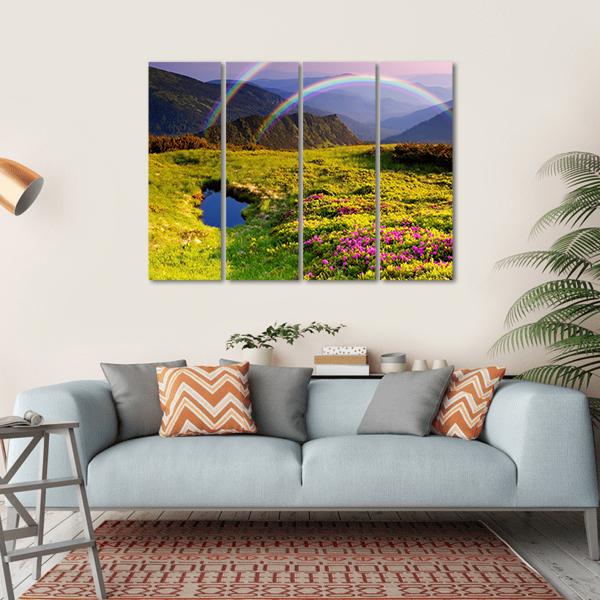 Summer Landscape In Mountains With Flowers A Rainbow And Lake Canvas Wall Art-4 Horizontal-Gallery Wrap-34" x 24"-Tiaracle