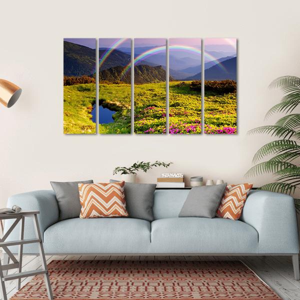 Summer Landscape In Mountains With Flowers A Rainbow And Lake Canvas Wall Art-5 Horizontal-Gallery Wrap-22" x 12"-Tiaracle