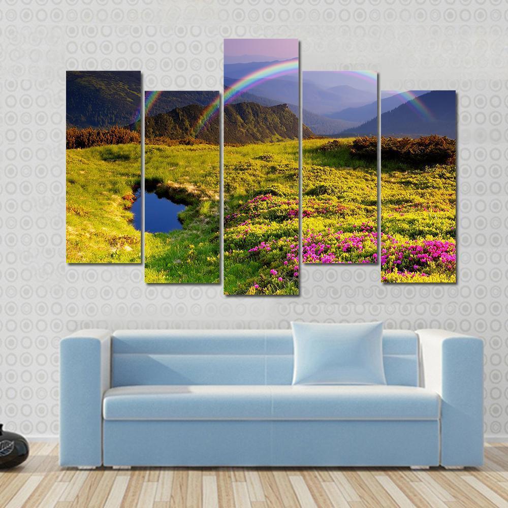 Summer Landscape In Mountains With Flowers A Rainbow And Lake Canvas Wall Art-3 Horizontal-Gallery Wrap-37" x 24"-Tiaracle