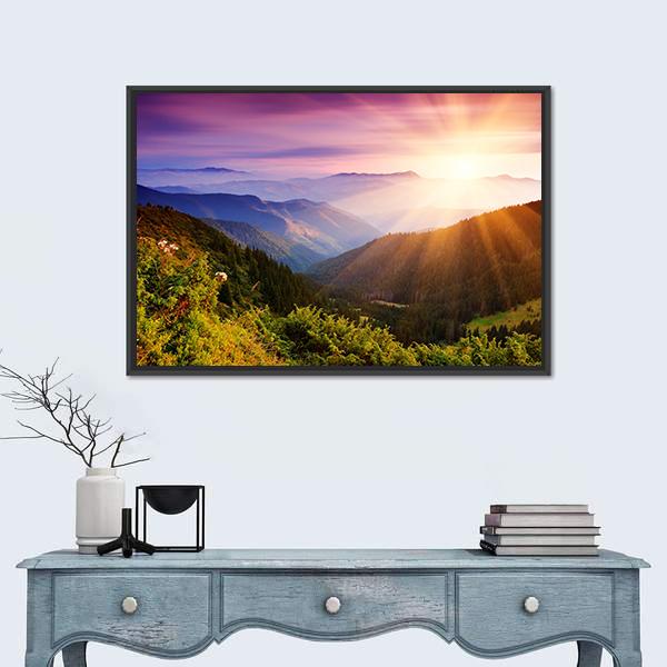 Summer Landscape In Mountains With Sun Canvas Wall Art-1 Piece-Floating Frame-24" x 16"-Tiaracle