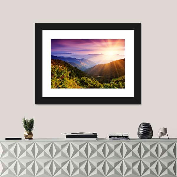 Summer Landscape In Mountains With Sun Canvas Wall Art-1 Piece-Framed Print-20" x 16"-Tiaracle