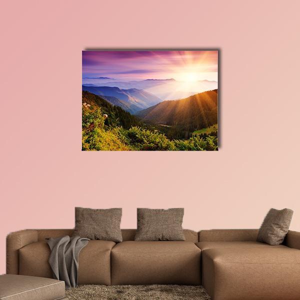 Summer Landscape In Mountains With Sun Canvas Wall Art-1 Piece-Gallery Wrap-48" x 32"-Tiaracle