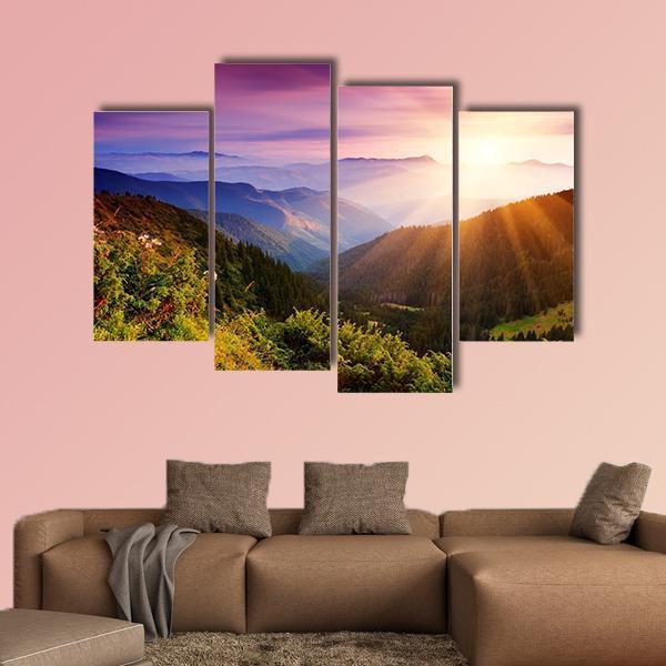 Summer Landscape In Mountains With Sun Canvas Wall Art-4 Pop-Gallery Wrap-50" x 32"-Tiaracle