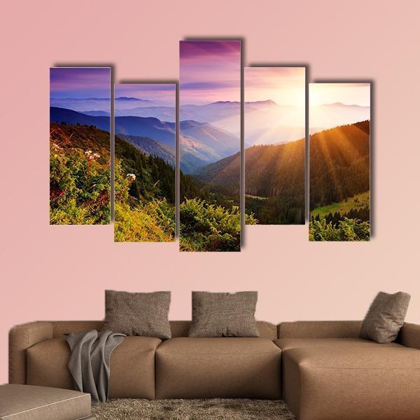 Summer Landscape In Mountains With Sun Canvas Wall Art-5 Pop-Gallery Wrap-47&quot; x 32&quot;-Tiaracle