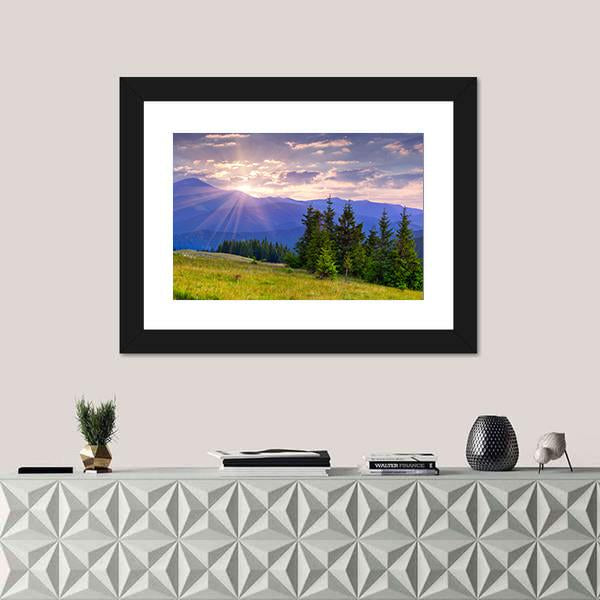 Summer Landscape in the Carpathian Mountains Canvas Wall Art in green, blue and purple, framed print, product view on a white background