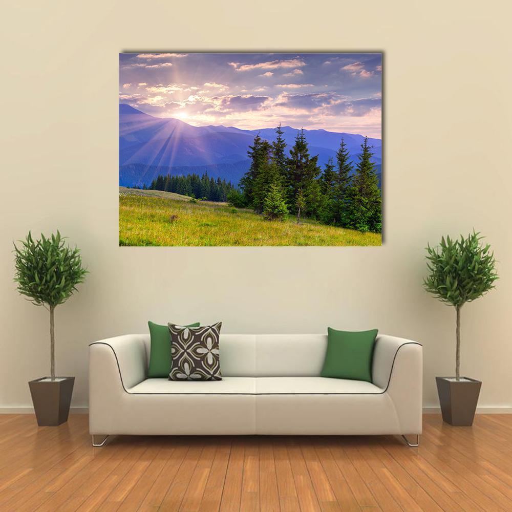 Summer Landscape in the Carpathian Mountains Canvas Wall Art in green, blue and purple, single panel hung on a wall
