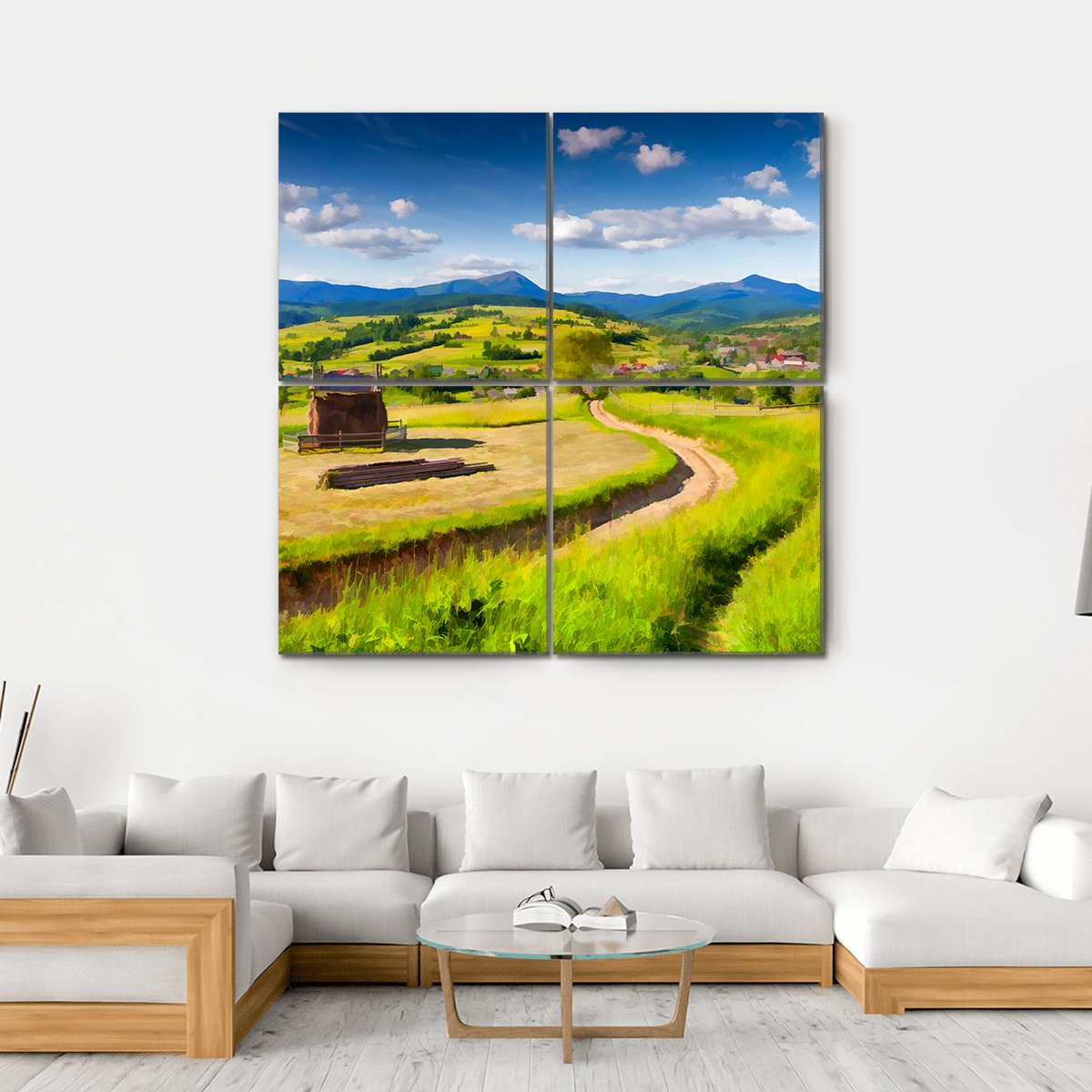 Summer Landscape In The Mountains Village Canvas Wall Art-4 Square-Gallery Wrap-17" x 17"-Tiaracle