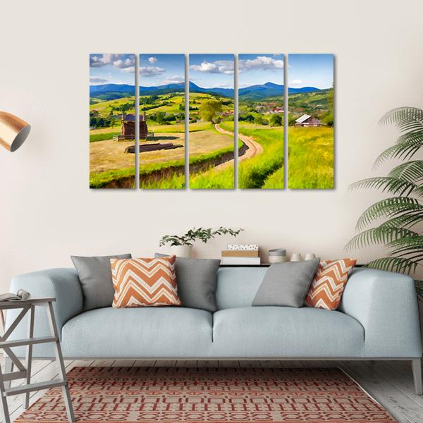 Summer Landscape In The Mountains Village Canvas Wall Art-5 Horizontal-Gallery Wrap-22" x 12"-Tiaracle