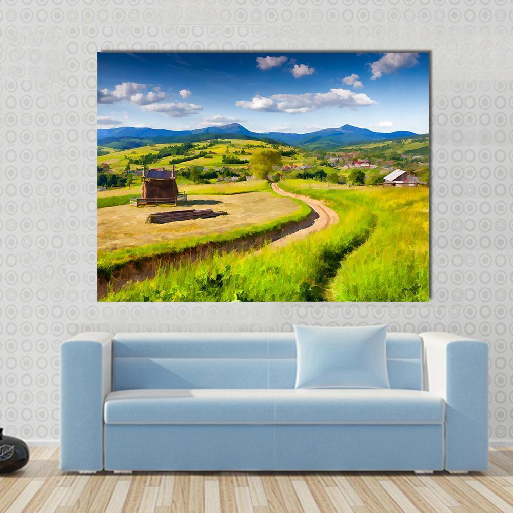 Summer Landscape in the Mountains Village Canvas Wall Art in yellow, green and blue, single panel hung on a wall