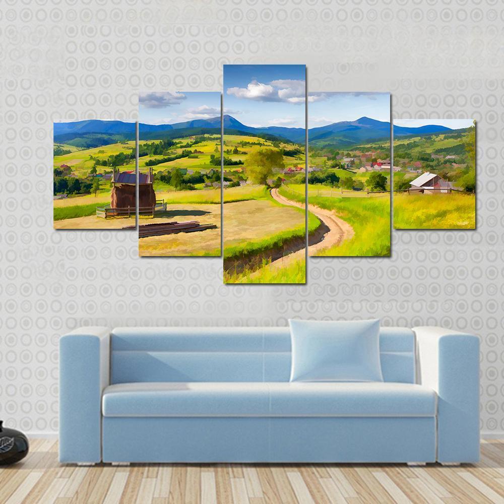 Summer Landscape In The Mountains Village Canvas Wall Art-3 Horizontal-Gallery Wrap-37" x 24"-Tiaracle