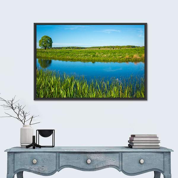 Summer Landscape Near A Pond Canvas Wall Art-1 Piece-Floating Frame-24" x 16"-Tiaracle
