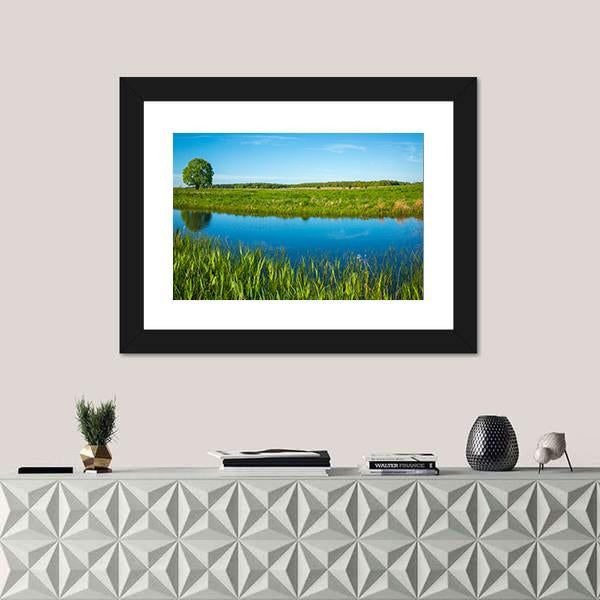 Summer Landscape Near A Pond Canvas Wall Art-1 Piece-Framed Print-20" x 16"-Tiaracle