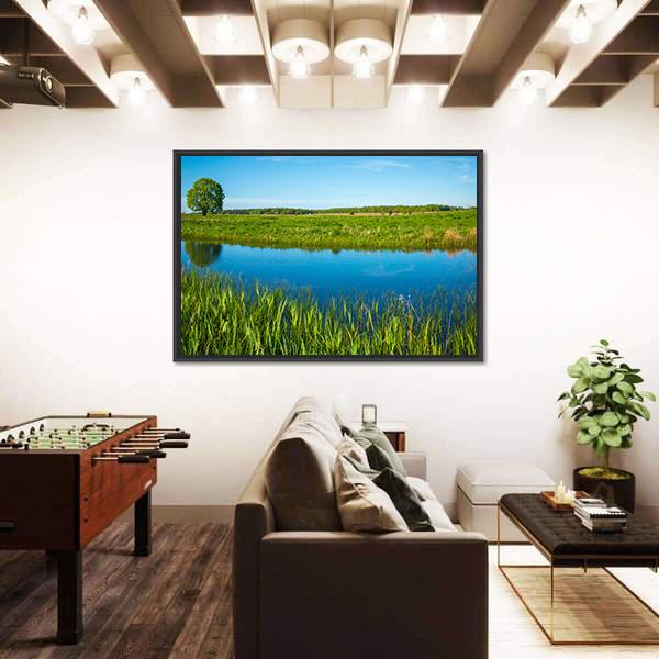 Summer Landscape Near A Pond Canvas Wall Art-3 Horizontal-Gallery Wrap-25" x 16"-Tiaracle