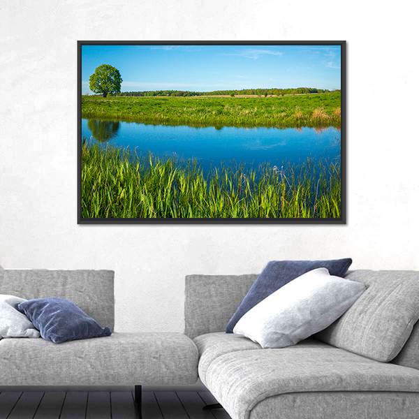 Summer Landscape Near A Pond Canvas Wall Art-3 Horizontal-Gallery Wrap-25" x 16"-Tiaracle