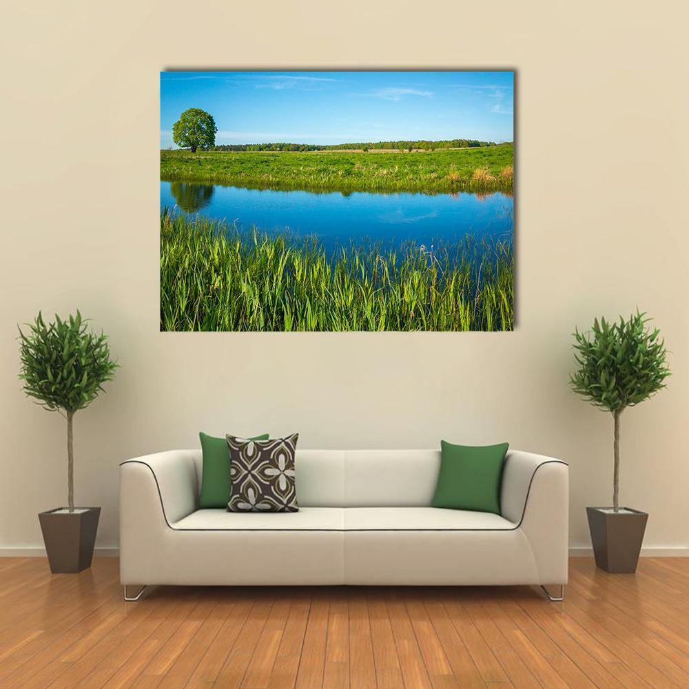Summer Landscape Near A Pond Canvas Wall Art-1 Piece-Gallery Wrap-48" x 32"-Tiaracle