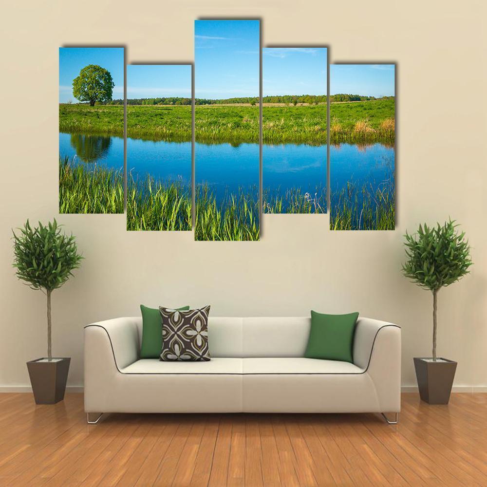 Summer Landscape Near A Pond Canvas Wall Art-5 Pop-Gallery Wrap-47" x 32"-Tiaracle