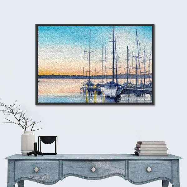 Summer Landscape With Sailboats In Bay Canvas Wall Art-1 Piece-Floating Frame-24" x 16"-Tiaracle