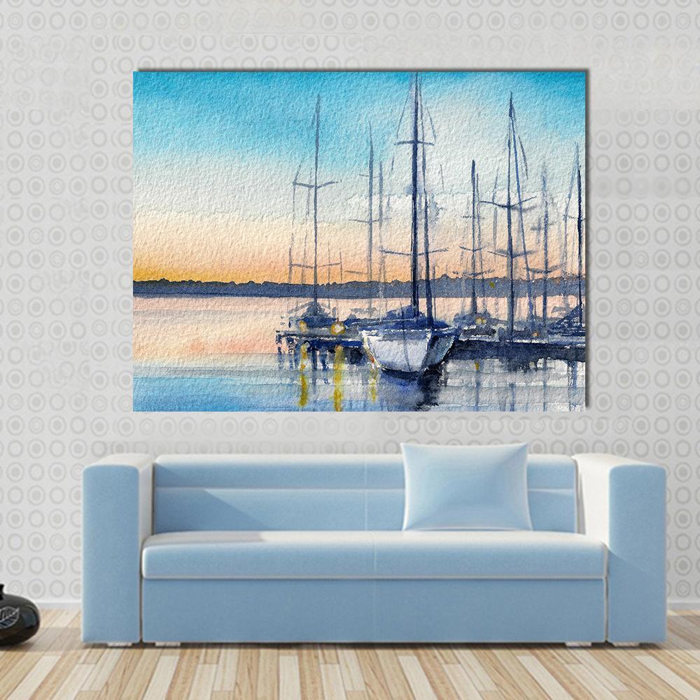 Summer Landscape with Sailboats in Bay Canvas Wall Art in white, yellow and blue, single panel hung on a wall
