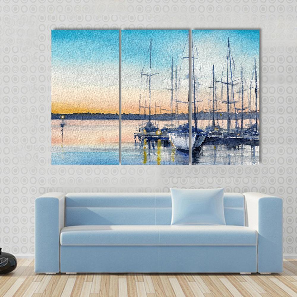 Summer Landscape With Sailboats In Bay Canvas Wall Art-3 Horizontal-Gallery Wrap-37" x 24"-Tiaracle