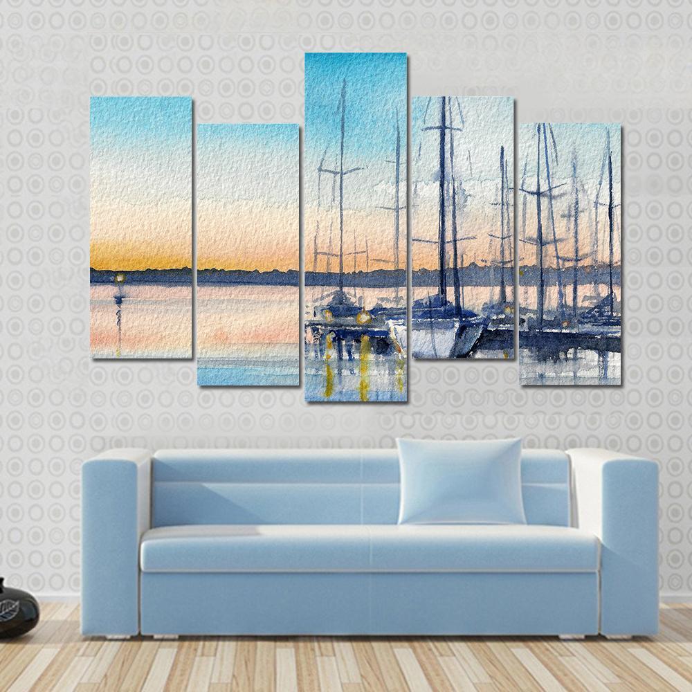 Summer Landscape With Sailboats In Bay Canvas Wall Art-5 Pop-Gallery Wrap-47" x 32"-Tiaracle