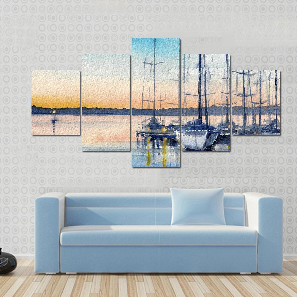 Summer Landscape With Sailboats In Bay Canvas Wall Art-5 Star-Gallery Wrap-62" x 32"-Tiaracle