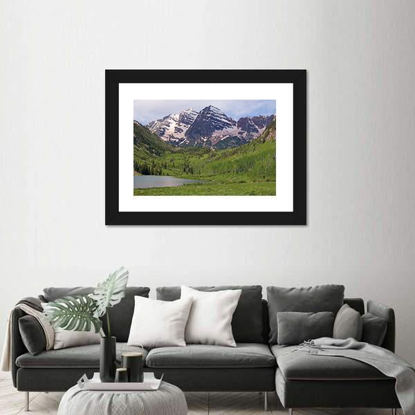 Summer Maroon Bells At Noon Canvas Wall Art-3 Horizontal-Gallery Wrap-25" x 16"-Tiaracle