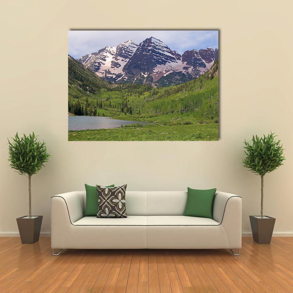 Summer Noon at Maroon Bells Canvas Wall Art in white, green and blue, single panel hung on a wall