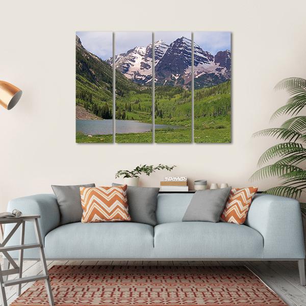 Summer Maroon Bells At Noon Canvas Wall Art-4 Horizontal-Gallery Wrap-34" x 24"-Tiaracle