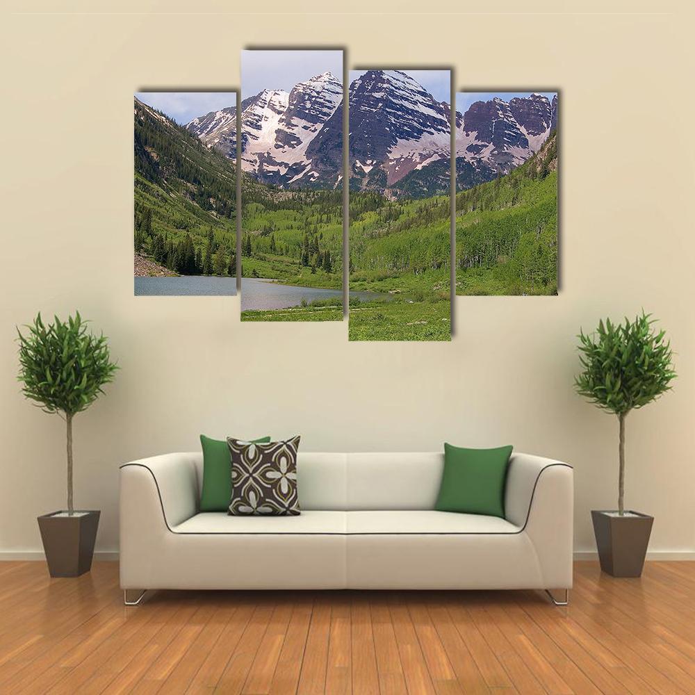 Summer Maroon Bells At Noon Canvas Wall Art-4 Pop-Gallery Wrap-50" x 32"-Tiaracle