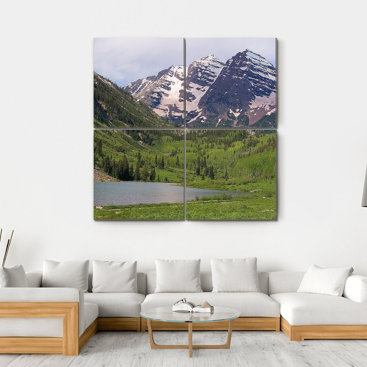 Summer Maroon Bells At Noon Canvas Wall Art-4 Square-Gallery Wrap-17" x 17"-Tiaracle