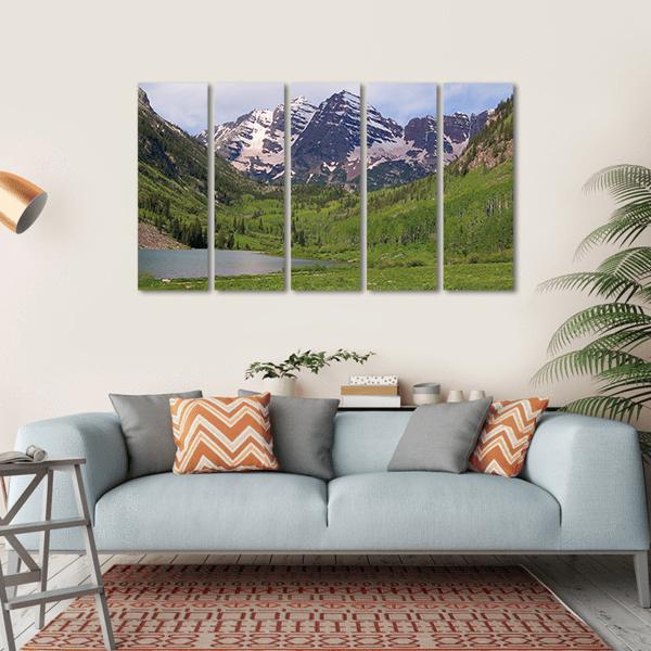 Summer Maroon Bells At Noon Canvas Wall Art-5 Horizontal-Gallery Wrap-22" x 12"-Tiaracle