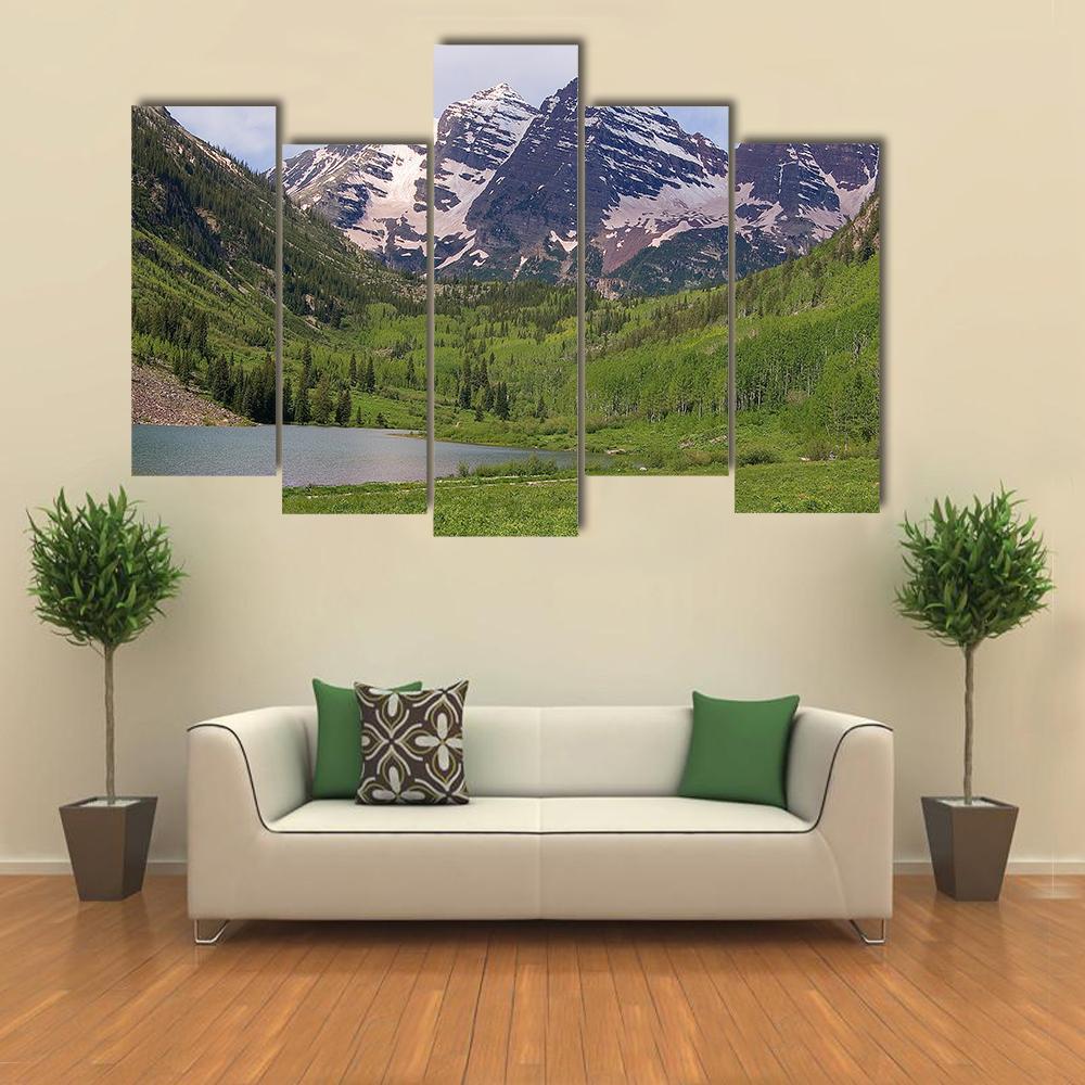 Summer Maroon Bells At Noon Canvas Wall Art-5 Pop-Gallery Wrap-47" x 32"-Tiaracle