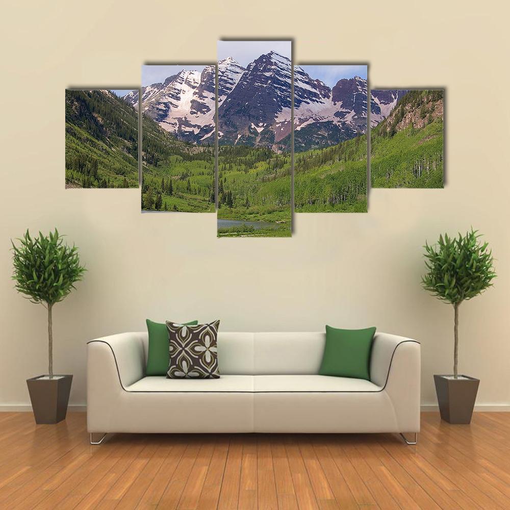 Summer Maroon Bells At Noon Canvas Wall Art-5 Star-Gallery Wrap-62" x 32"-Tiaracle