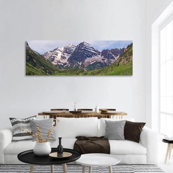 Summer Maroon Bells At Noon Panoramic Canvas Wall Art-3 Piece-25" x 08"-Tiaracle