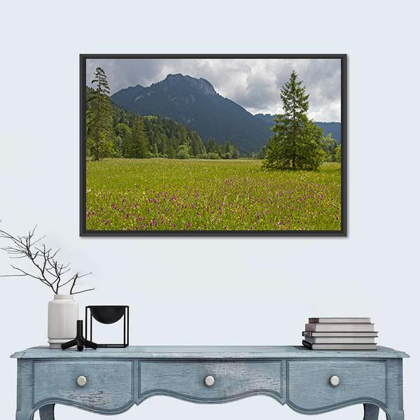 Summer Meadow With Mountain Canvas Wall Art-1 Piece-Floating Frame-24" x 16"-Tiaracle