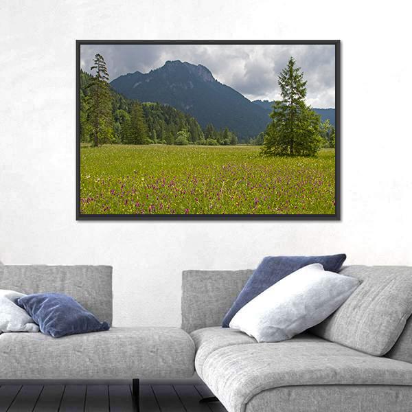 Summer Meadow With Mountain Canvas Wall Art-3 Horizontal-Gallery Wrap-25" x 16"-Tiaracle