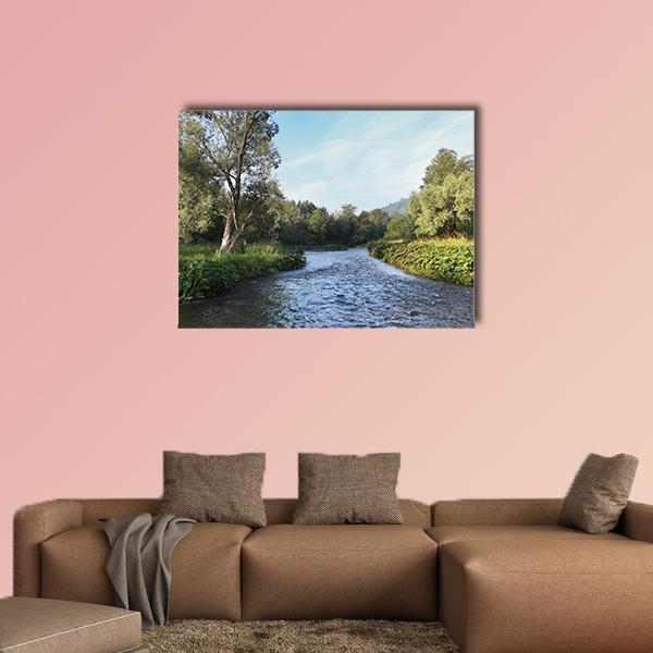 Summer Misty Morning On The River Canvas Wall Art-4 Horizontal-Gallery Wrap-34" x 24"-Tiaracle