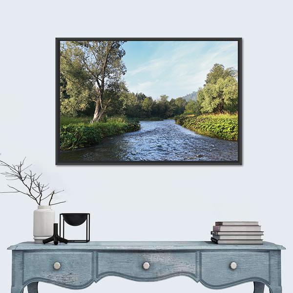 Summer Misty Morning On The River Canvas Wall Art-1 Piece-Floating Frame-24" x 16"-Tiaracle