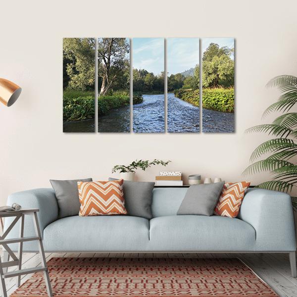 Summer Misty Morning On The River Canvas Wall Art-5 Horizontal-Gallery Wrap-22" x 12"-Tiaracle