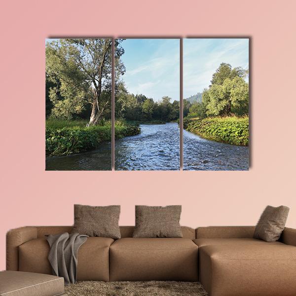 Summer Misty Morning On The River Canvas Wall Art-3 Horizontal-Gallery Wrap-25" x 16"-Tiaracle