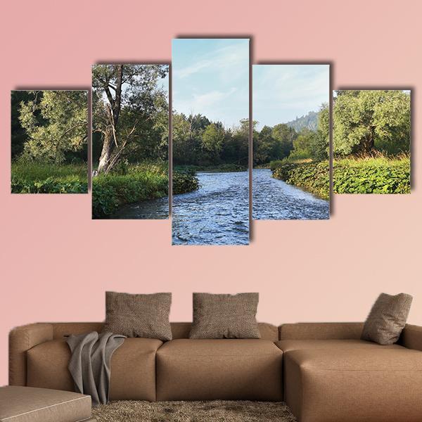 Summer Misty Morning On The River Canvas Wall Art-5 Star-Gallery Wrap-62" x 32"-Tiaracle